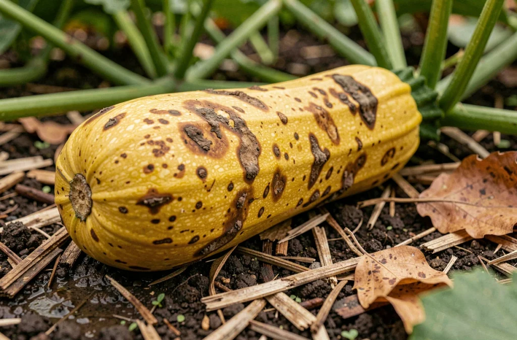 Courgette avec taches brunes et jaunissement sur le sol du potager