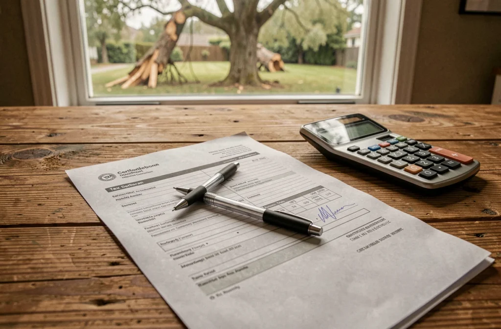 Formulaire fiscal et facture d'élagage sur une table en bois pour un crédit d'impôt abattage d'arbres dangereux