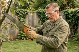 Un homme d'âge mûr élagant lui-même un arbre fruitier dans son jardin avec une scie manuelle et des équipements de protection