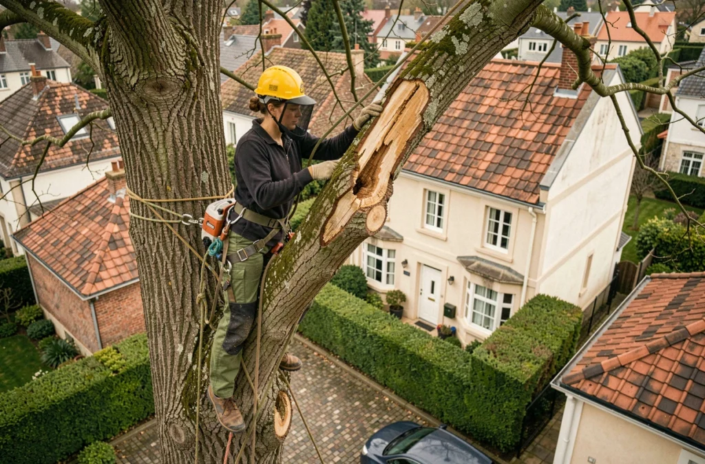 Élagueur professionnelle en hauteur retirant une branche dangereuse au-dessus d'un toit de maison résidentielle