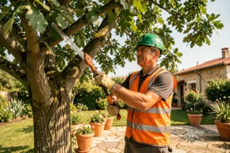 Élagueur professionnel taillant un grand chêne dans un jardin résidentiel à Muret avec une scie sur perche