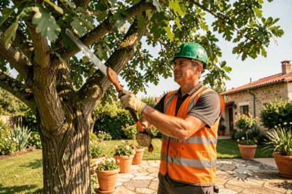 Élagueur professionnel taillant un grand chêne dans un jardin résidentiel à Muret avec une scie sur perche
