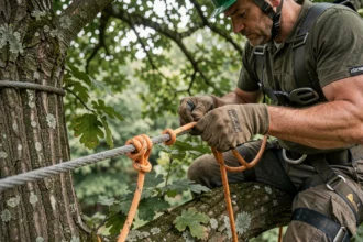 Élagueur professionnel réalisant un nœud prussik sur une corde d'escalade dans un arbre