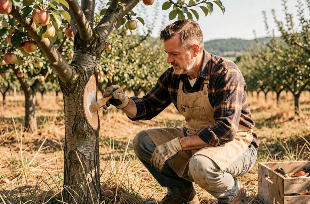 Élagueur appliquant un produit cicatrisant sur un arbre fruitier taillé dans un verger rural près de Muret
