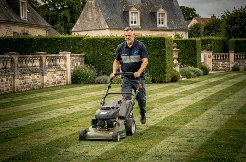 Jardinier du réseau Entretien de Jardin Centre-Val de Loire tondant une pelouse résidentielle