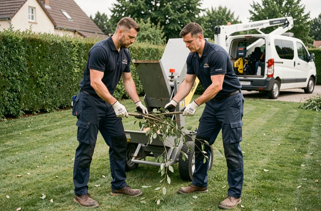 Deux élagueurs travaillant en équipe avec un broyeur de branches dans un jardin résidentiel près de Muret