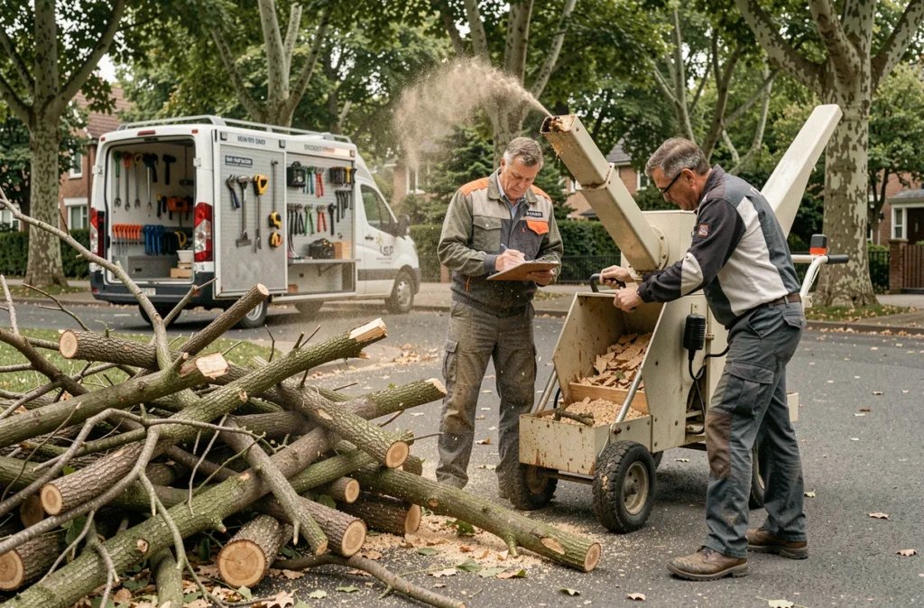 Deux élagueurs professionnels au sol coordonnant leur travail avec un broyeur de branches dans une rue résidentielle