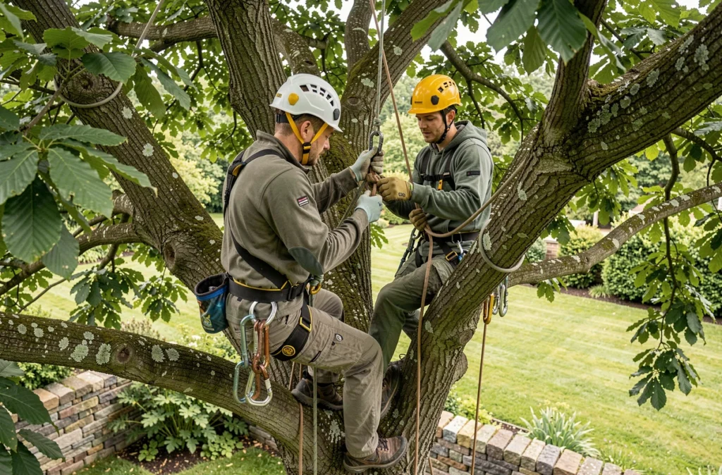 Deux élagueurs vérifiant ensemble un nœud prussik en hauteur dans un châtaignier en jardin