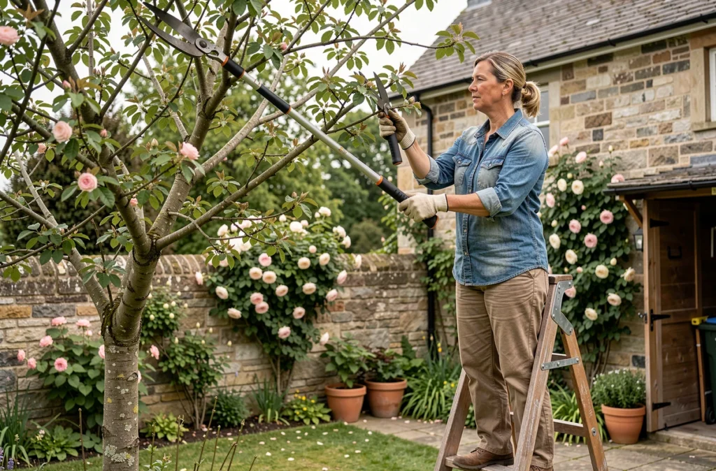 Une femme utilisant un escabeau et des cisailles à long manche pour élaguer seule un cerisier ornemental dans son jardin