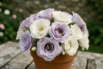 Gros plan sur des fleurs de lisianthus aux pétales violets et blancs froissés dans un pot en terre cuite sur une table de jardin en bois patiné