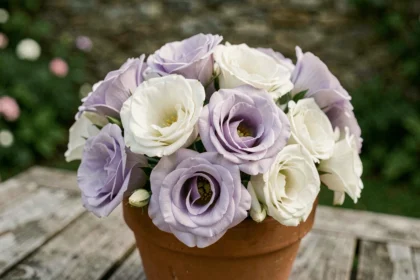 Gros plan sur des fleurs de lisianthus aux pétales violets et blancs froissés dans un pot en terre cuite sur une table de jardin en bois patiné