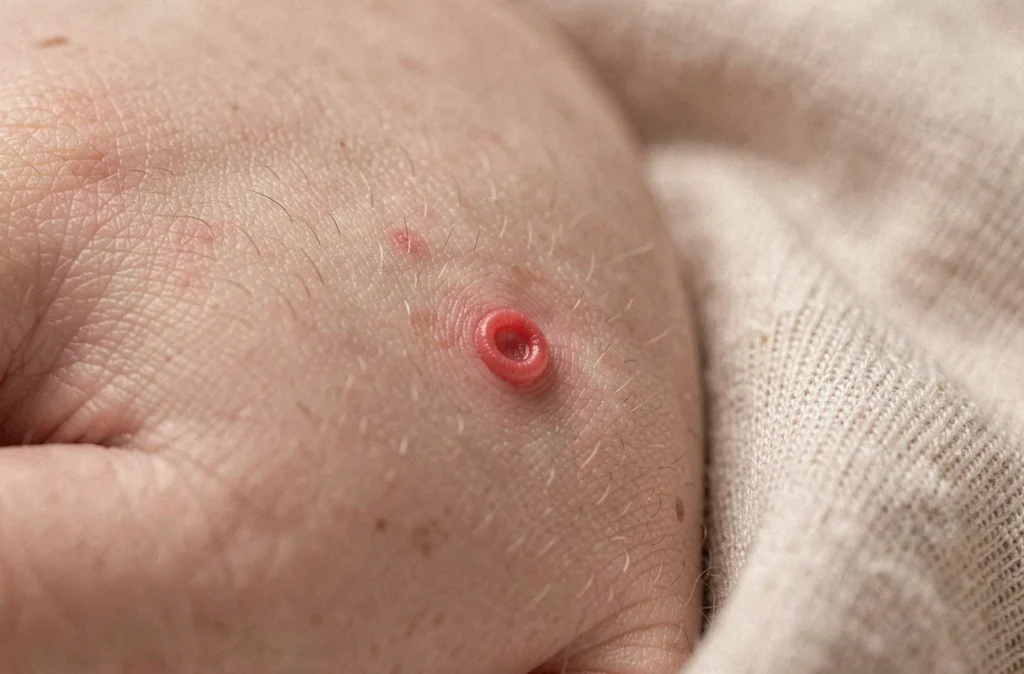 Gros plan macro sur une petite tache rouge sur la peau d'un enfant, détail dermatologique réaliste