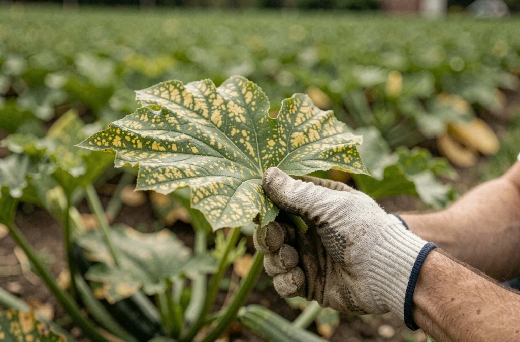 Jardinier tenant une feuille de courgette atteinte de mosaïque virale avec jaunissement irrégulier