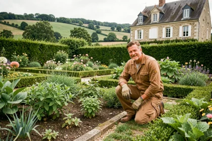 Jardinier professionnel entretenant un jardin résidentiel dans la région Centre-Val de Loire