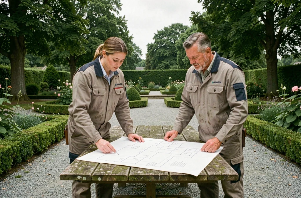 Équipe de jardiniers Jardins et Paysage consultant un plan d'aménagement dans un jardin en Indre-et-Loire