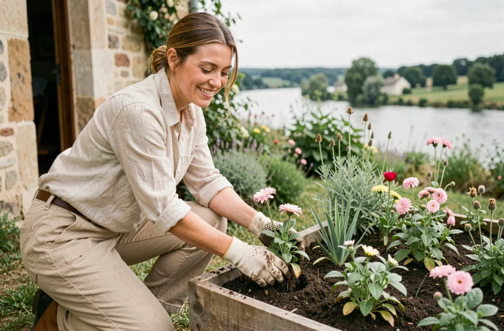 Laura prestataire de services à domicile plantant des fleurs dans un jardin près de Chouzé-sur-Loire
