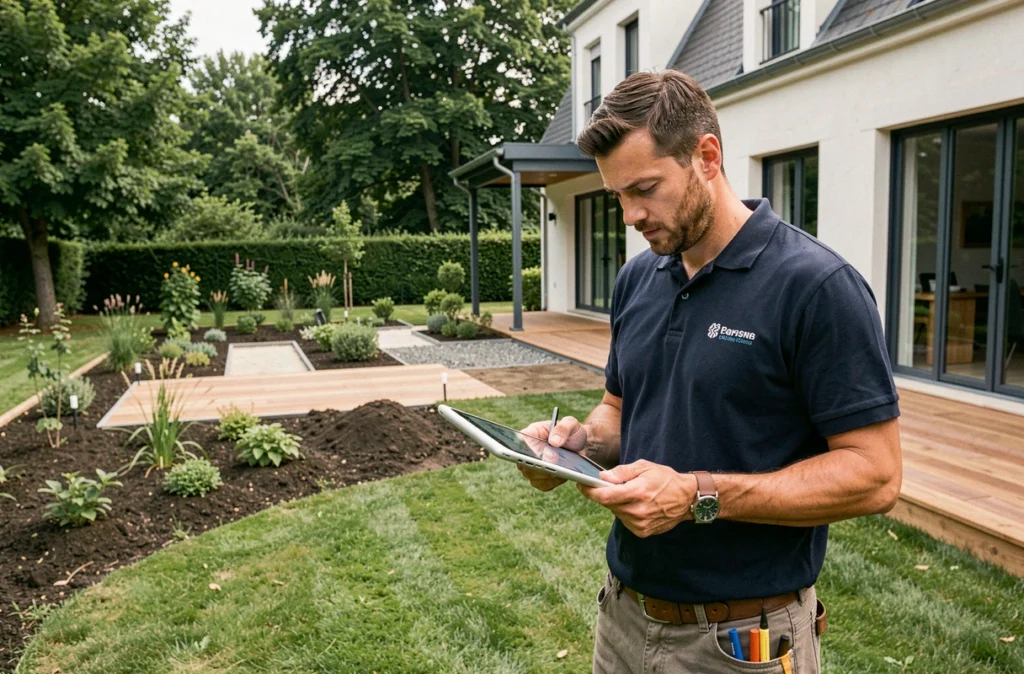 Paysagiste de Lepetit Paysages consultant des plans sur tablette devant un jardin résidentiel en cours d'aménagement