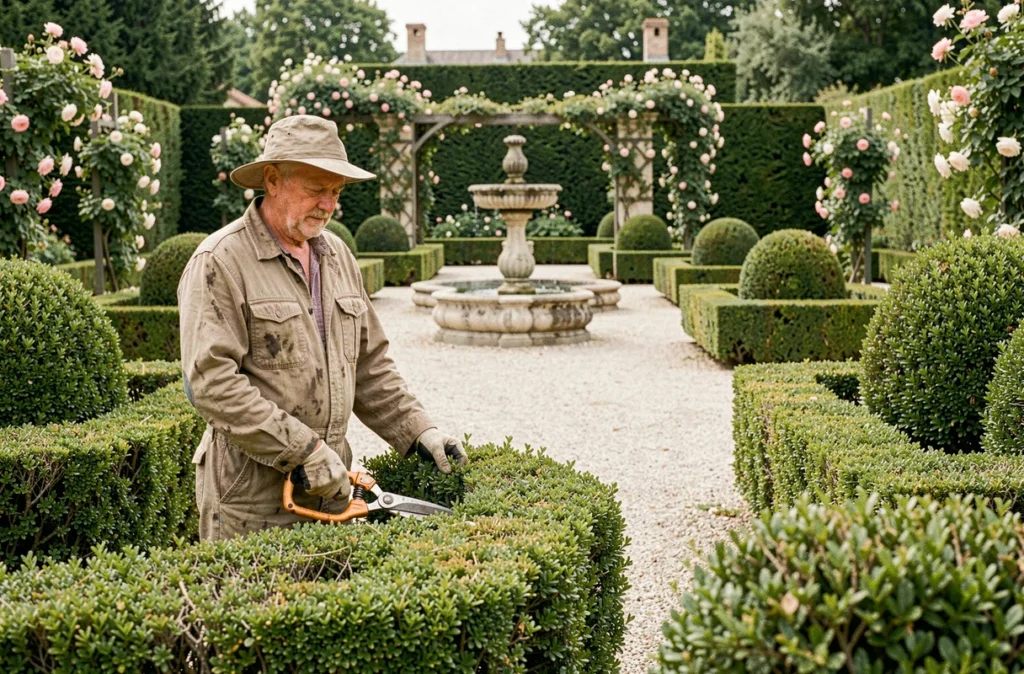 Jardinier des Jardins d'Arthur taillant des topiaires et des haies dans un jardin à la française en Gironde