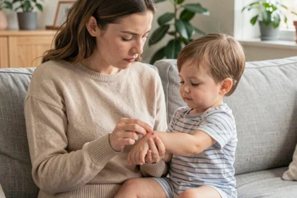 Mère examinant une petite tache rouge sur le bras de son bébé dans un salon familial chaleureux