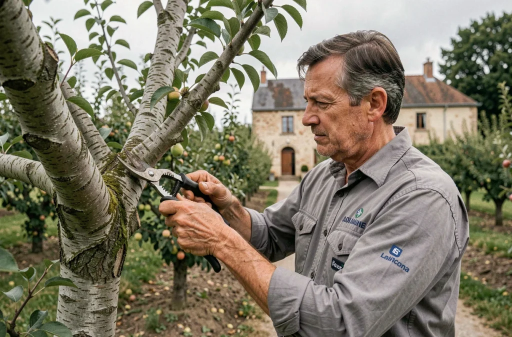 Jardinier du réseau Obat élagant un arbre fruitier dans un verger résidentiel en Centre-Val de Loire