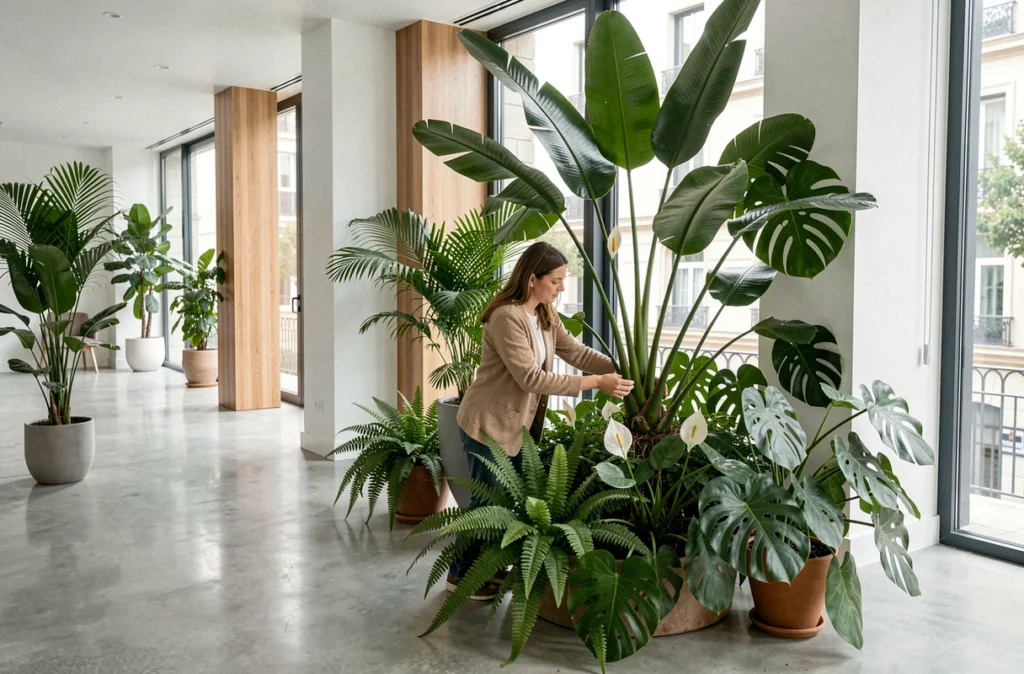 Designer paysagère d'Oz Intérieur installant des végétaux tropicaux dans un espace de bureaux contemporain en Gironde
