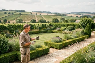 Paysagiste professionnel inspectant un jardin soigné en Gironde avec des vignobles en arrière-plan