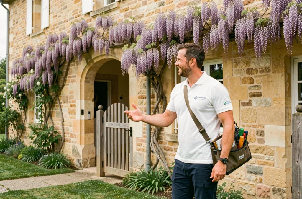 Jardinier Ring Twice arrivant au domicile d'un client dans la région Val de Loire avec ses outils