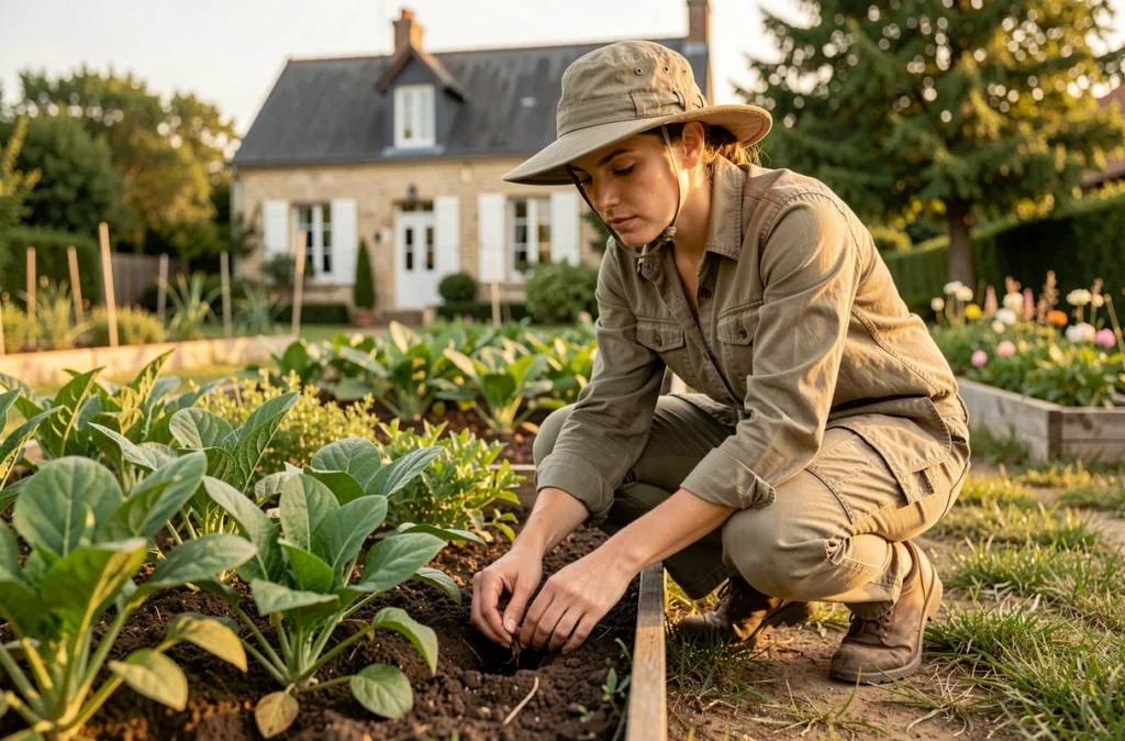 Sofia jardinière à domicile désherbant un potager dans un jardin résidentiel à Veigné
