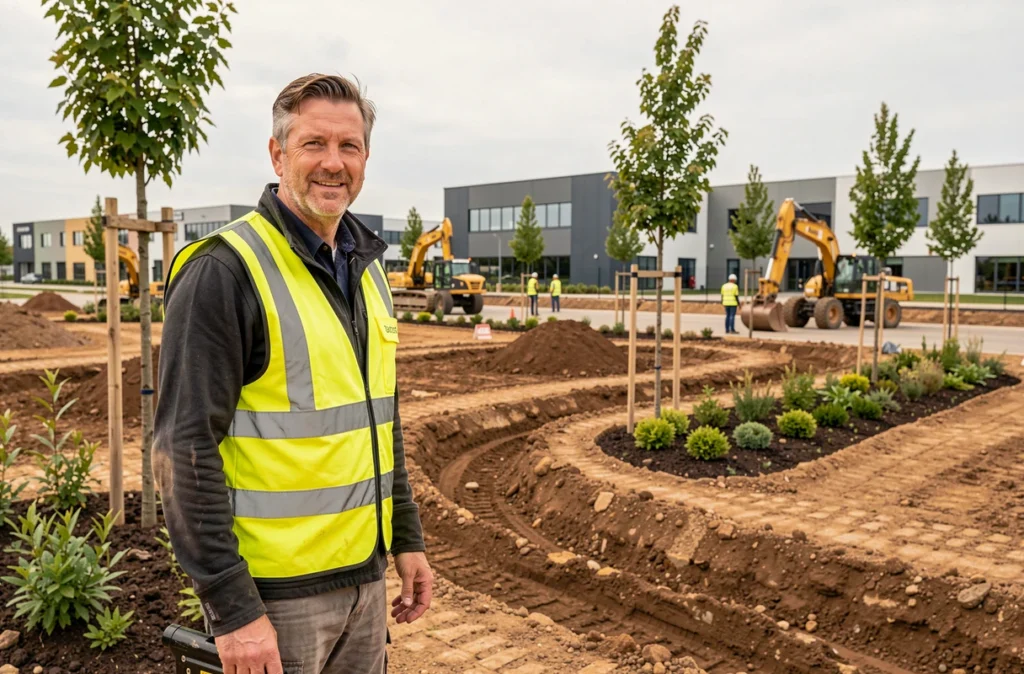 Chef de projet de Solid Action supervisant un grand chantier de paysagisme commercial en Gironde