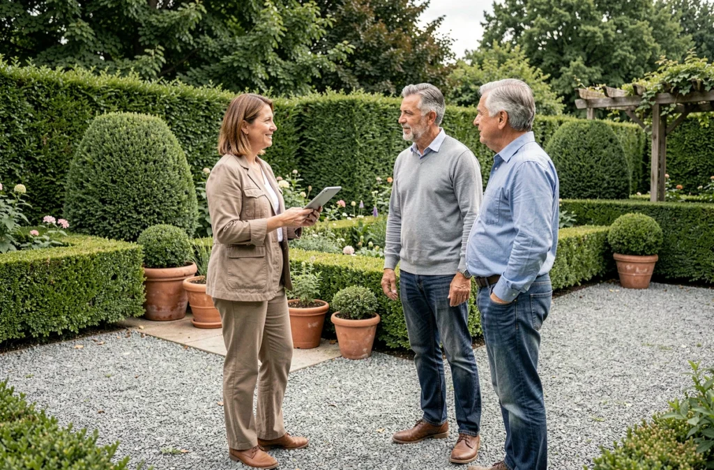 Conseillère Star of Service présentant un plan d'entretien de jardin à des clients à Tours en Indre-et-Loire