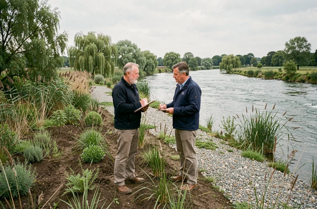 Spécialistes de Sud Ouest Environnement évaluant un projet de restauration écologique en bord de rivière en Gironde
